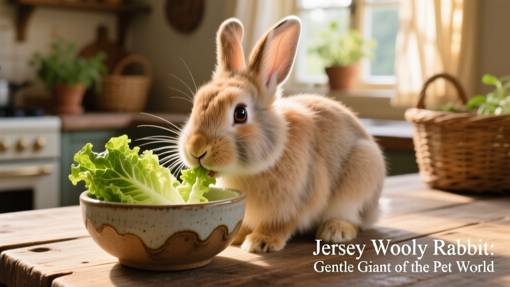 Jersey Wooly rabbit nibbling fresh romaine lettuce from a ceramic bowl