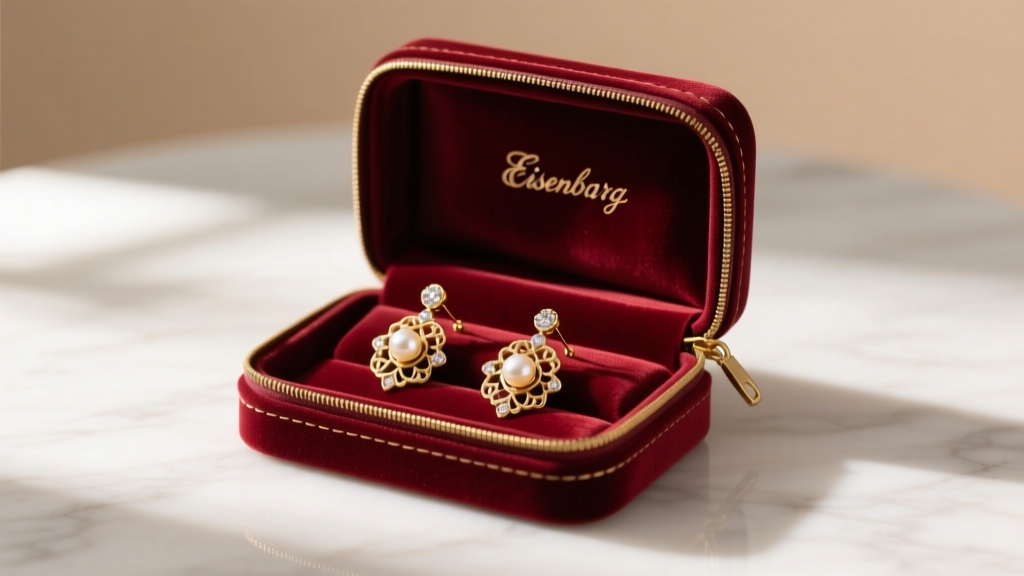 Anti-tarnish bag with vintage Eisenberg earrings inside a velvet-lined box for safe, dry, and secure long-term jewelry storage.