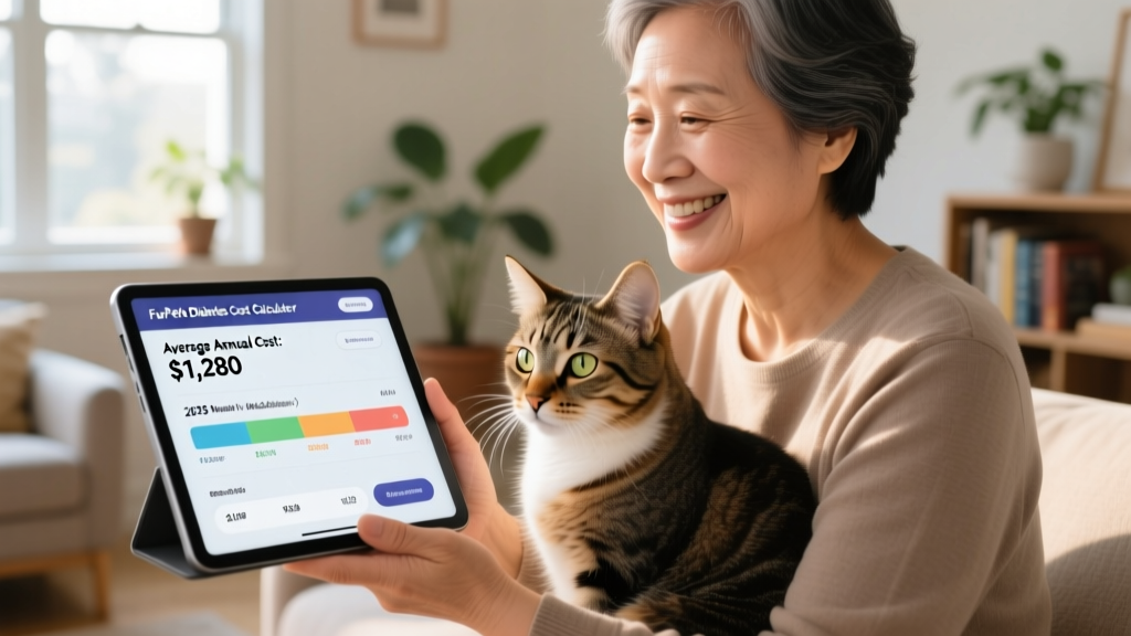 A smiling owner holding their healthy-looking cat while reviewing a tablet showing the FurPetVo Diabetes Cost Calculator interface