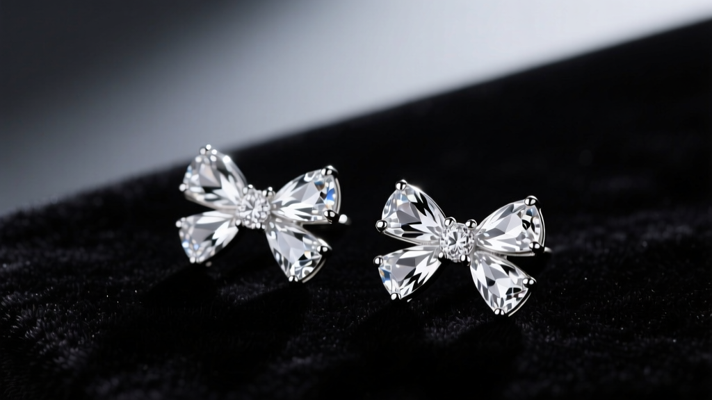 Silver rhinestone bow earrings on dark velvet, lit by soft studio lighting to highlight intricate glass facets and foil backing.