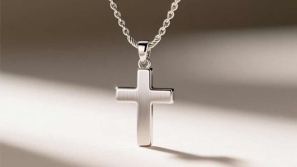 Close-up of a brushed platinum cross pendant on a matching cable chain, showing the metal
