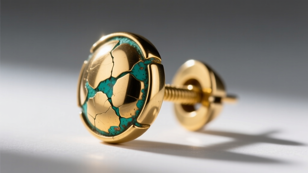 Macro photo of a 1950s gold-filled screw-back earring clasp showing early green verdigris oxidation on exposed copper base metal.