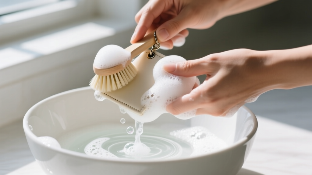 Hands scrubbing a foam koozie pendant with a soft brush and soapy water in a white ceramic bowl under bright natural daylight.