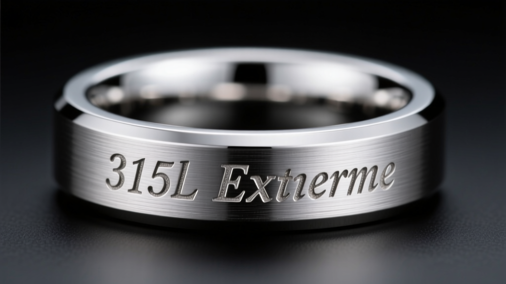 Macro close-up of a laser-engraved 316L stamp on the inner band of a polished stainless steel ring under bright studio lighting