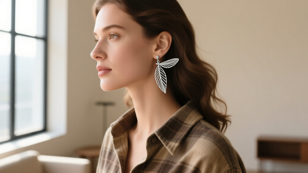 Side profile of a woman wearing lightweight silver fishing fly earrings complementing her oval face shape and casual flannel.