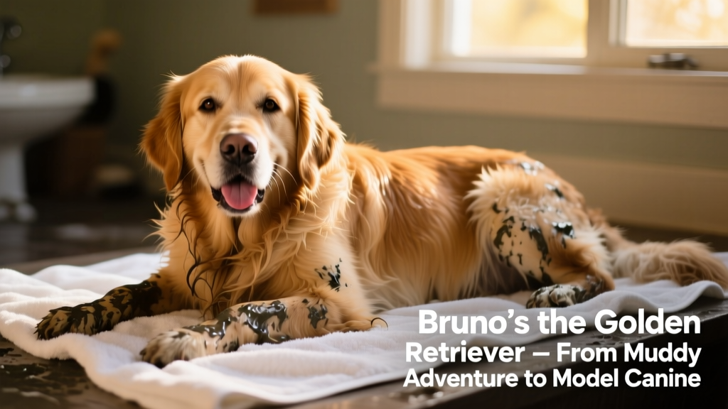 Bruno, freshly bathed and gleaming, lying contentedly on a dry towel with a happy, relaxed expression