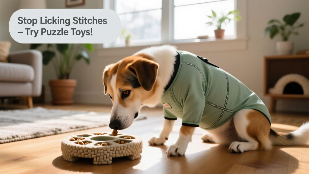 A dog calmly engaged with a puzzle toy while wearing a breathable recovery suit