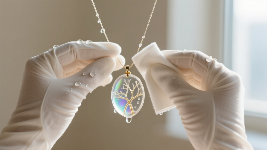 Hands in white cotton gloves gently wiping a clear botanical resin necklace with a damp microfiber cloth and mild soapy water.