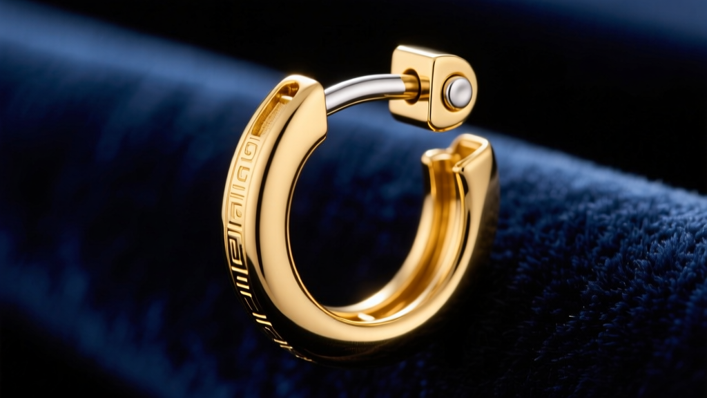 Detailed view of a luxury hoop earring hinged snap-back closure and 19-gauge post against soft velvet background in warm lighting.