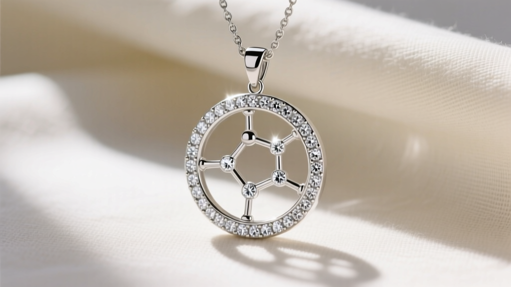 Sterling silver dopamine molecule pendant with bezel-set lab diamonds, photographed on soft cream linen in natural light.