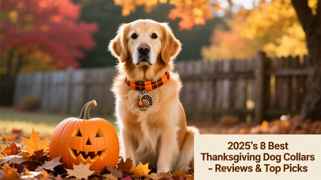 A golden retriever wearing a festive orange-and-brown plaid collar with a small turkey charm, sitting beside a pumpkin and fallen leaves
