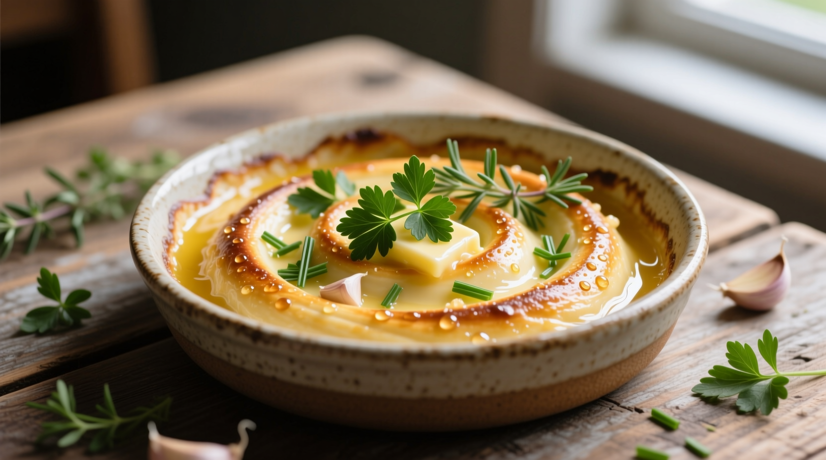 Homemade garlic butter swirl in ceramic dish with fresh herbs