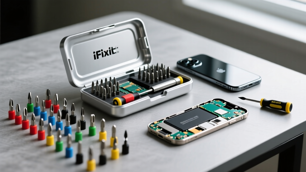 Close-up of the iFixit Mako Driver Kit opened on a desk, showing the 64 precision bits and aluminum chassis next to a disassembled smartphone