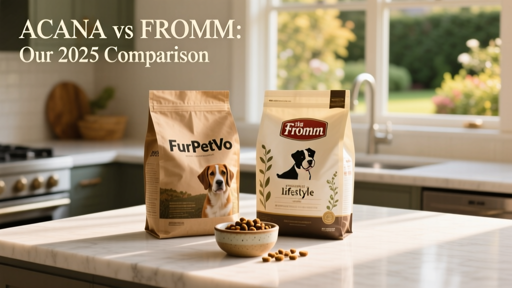 Side-by-side packaging of FurPetVo and Fromm dry dog food bags on a clean kitchen counter