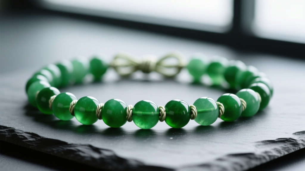 Macro shot of a vibrant green jadeite bead necklace on dark slate, highlighting intricate silk knots between round 12mm beads.