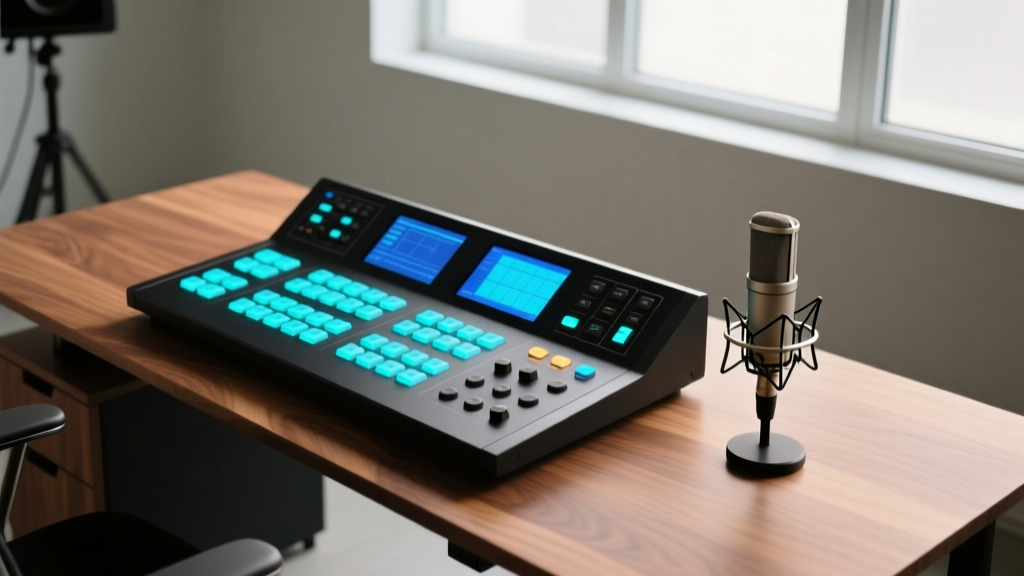 Overhead view of a modular control deck with LCD keys next to a condenser microphone on a wooden desk in a professional studio