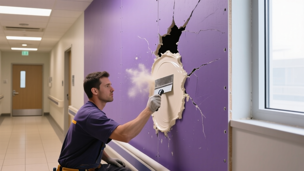 Contractor applying setting-type compound to a deep puncture in dense, purple-faced impact resistant gypsum board in a hospital corridor