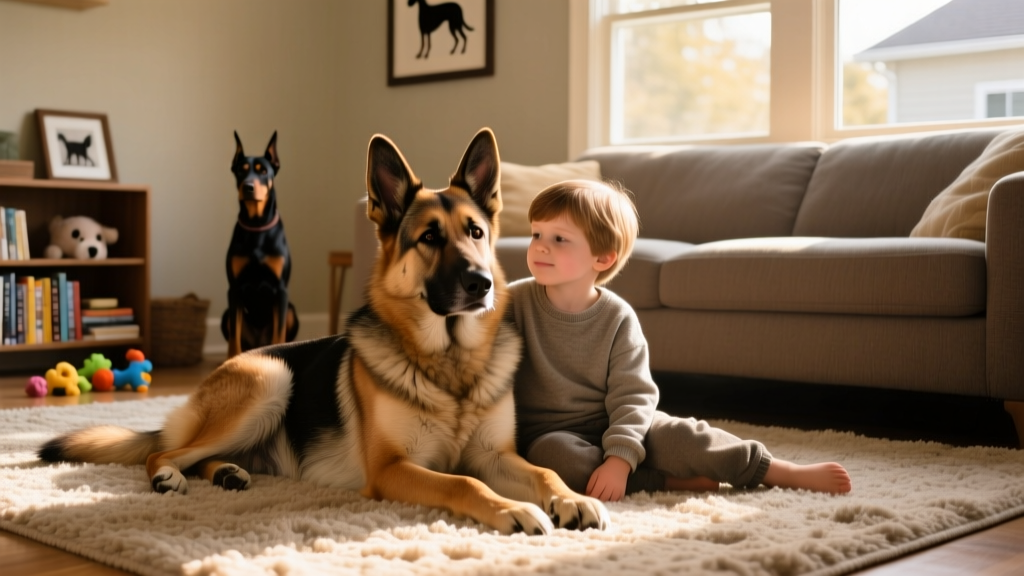 A calm, focused German Shepherd resting beside a child while both sit on a living room rug