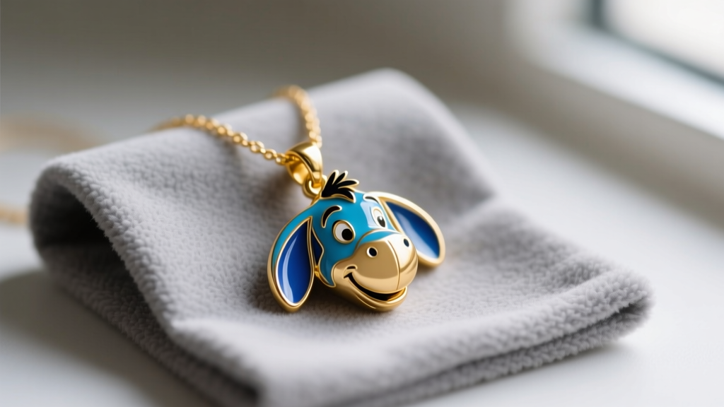 Close-up of a gold-plated Eeyore necklace pendant with blue cold enamel details resting on a soft gray microfiber cleaning cloth.