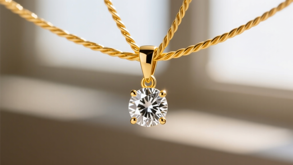 Macro photography of a hidden diamond bail connecting a solitaire dangle pendant to a delicate 14k yellow gold cable chain.