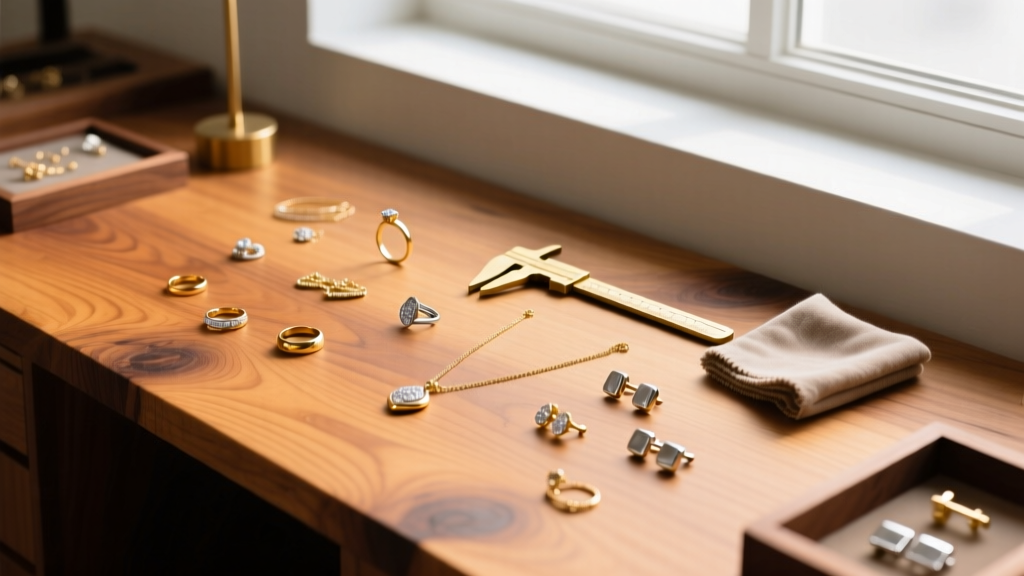 Overhead view of a wooden jeweler's bench scattered with flush cutters, nylon pliers, and coils of brightly anodized niobium wire