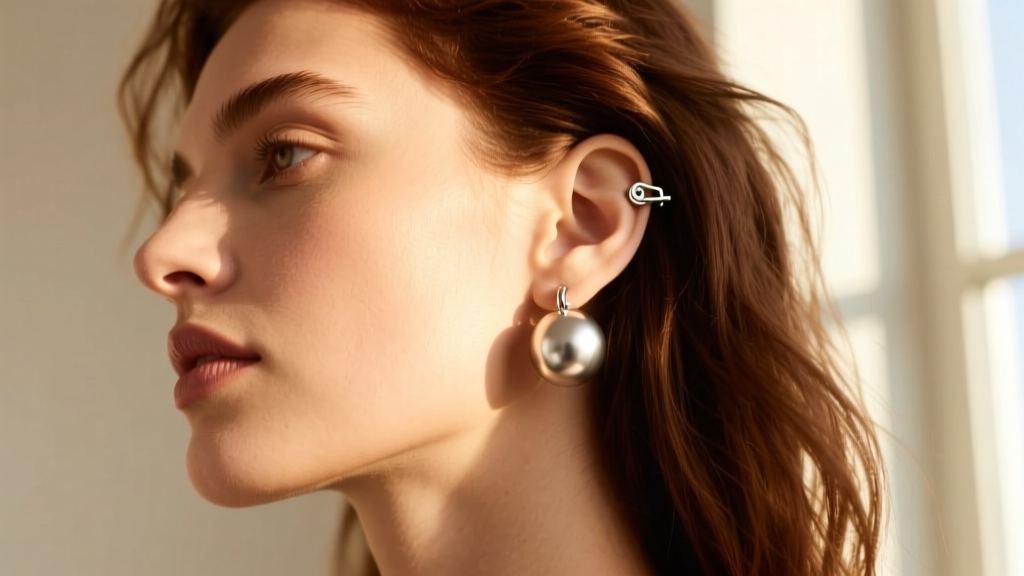 Model wearing a silver ball hoop earring, showing the clicker closure and comfortable fit on her earlobe in warm sunlight.
