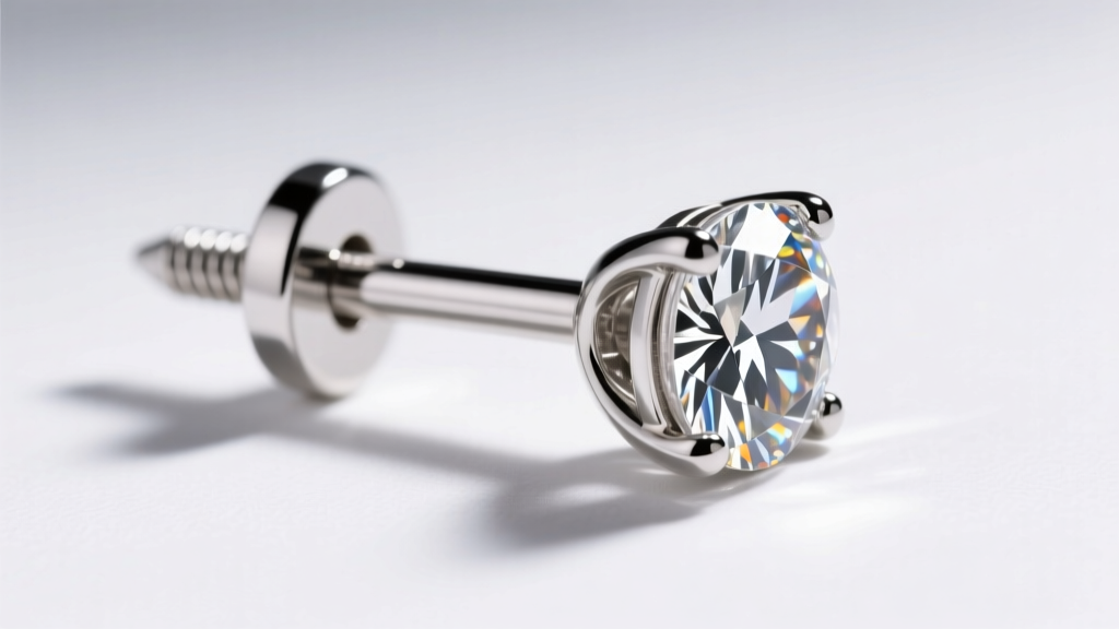 Side profile of a diamond stud earring featuring a secure threaded screw-back mechanism and an 18-gauge platinum post