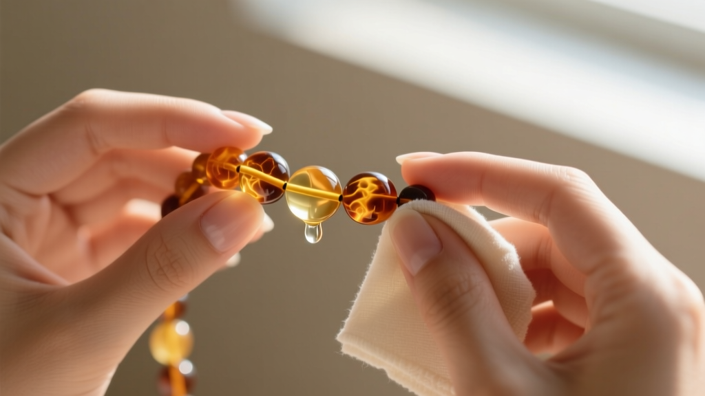 A pair of hands gently rubbing a cloudy amber bead necklace with a soft, lint-free microfiber cloth and a single drop of mineral oil.