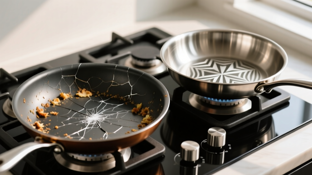 Macro shot of scratched PTFE non-stick pan surface next to pristine laser-etched hybrid stainless steel pan on a modern gas stove.