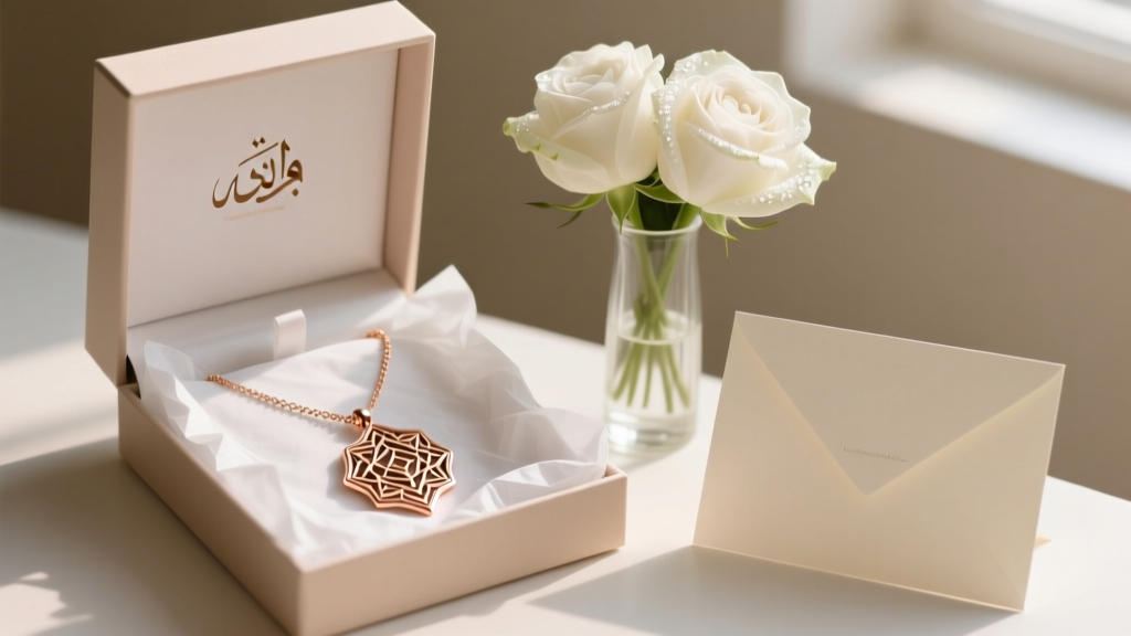 Open gift box revealing a rose gold taweez necklace, placed beside a small bouquet of white roses and a blank greeting card.