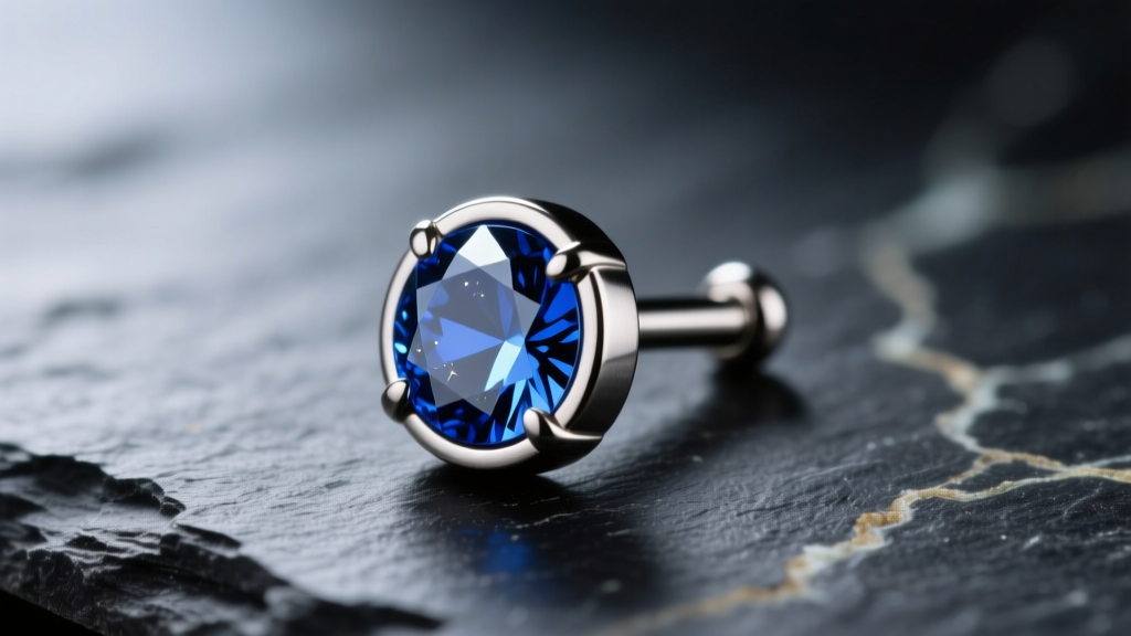 Macro shot of an 18-gauge implant-grade titanium labret stud with a 3mm bezel-set sapphire top resting on a dark slate surface