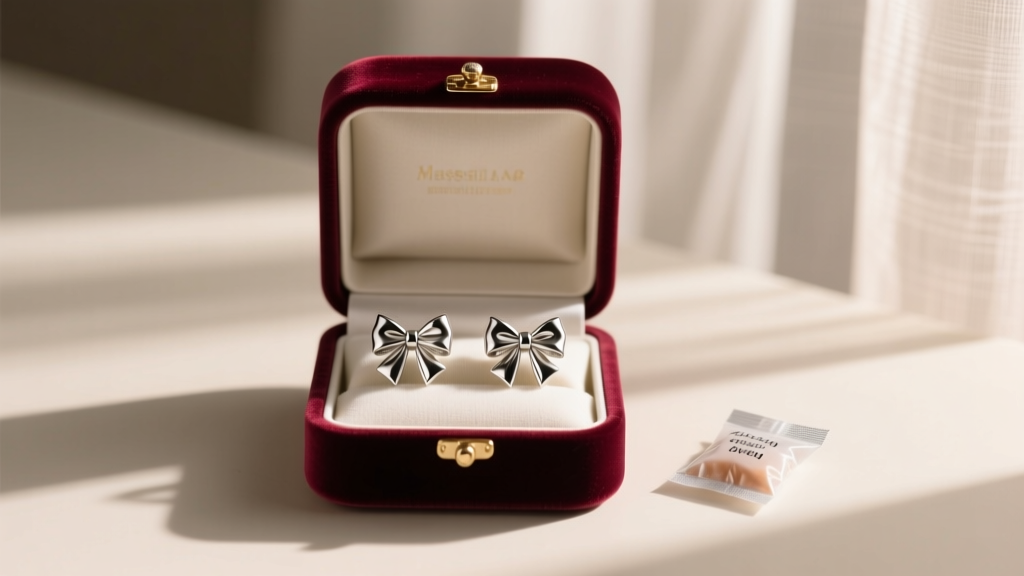 Velvet box showing silver Christmas bow earrings in anti-tarnish cloth slots, with silica gel packets nearby in warm lighting.