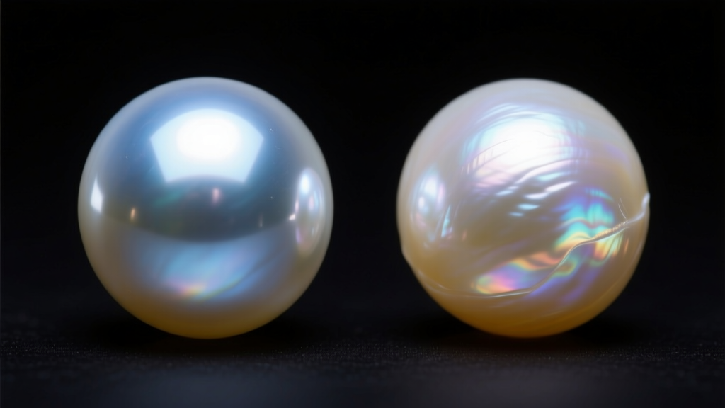 Macro photography comparing the sharp luster of an Akoya pearl and soft glow of a freshwater pearl under direct studio lighting
