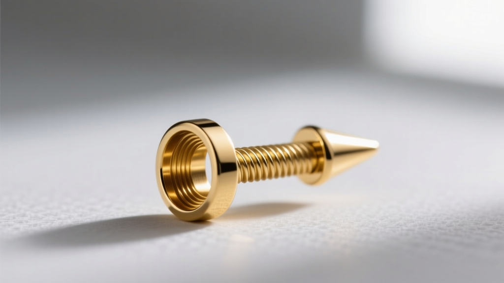 Macro view of an internally threaded 14k gold tragus earring post, displaying smooth threads to prevent cartilage microtears