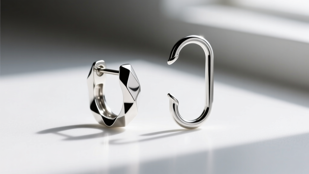 Macro shot of an Argentium silver leverback earring finding beside a standard sterling hook, highlighting bright metal luster.