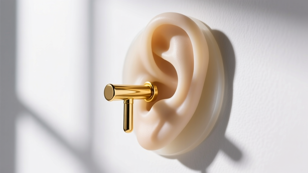 Side profile of 18-gauge gold post in a silicone lobe support patch, demonstrating weight distribution for heavy drop earrings.