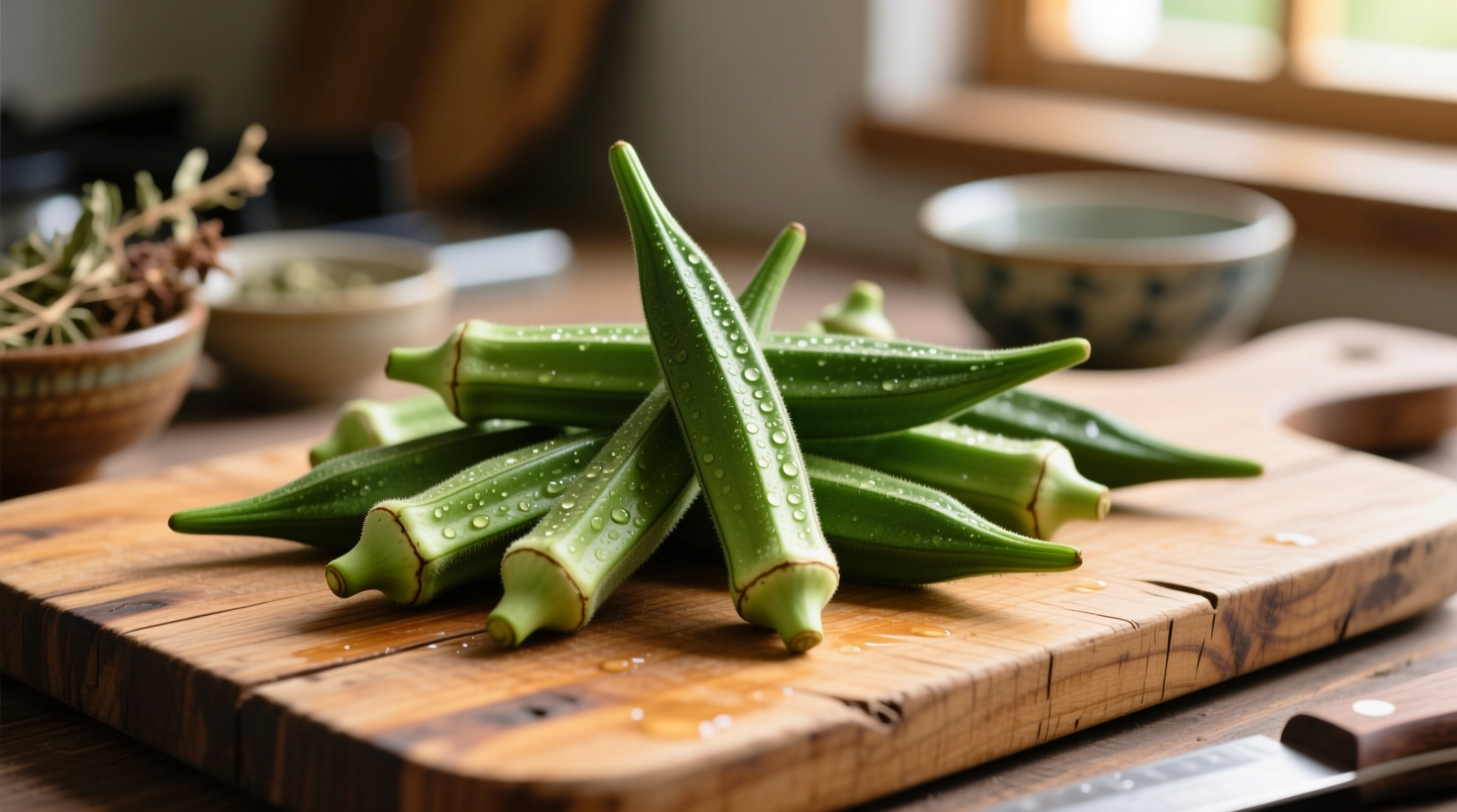 Fresh okra pods arranged on wooden cutting board