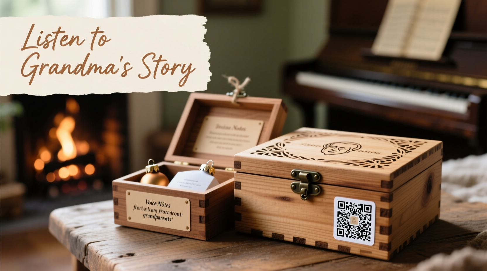 how to label ornament boxes with qr codes that link to voice notes from grandparents