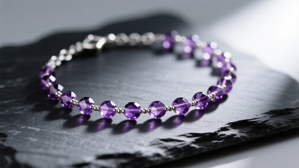 Close-up of a delicate 24-gauge sterling silver rosary style necklace with small faceted amethyst beads resting on dark slate.