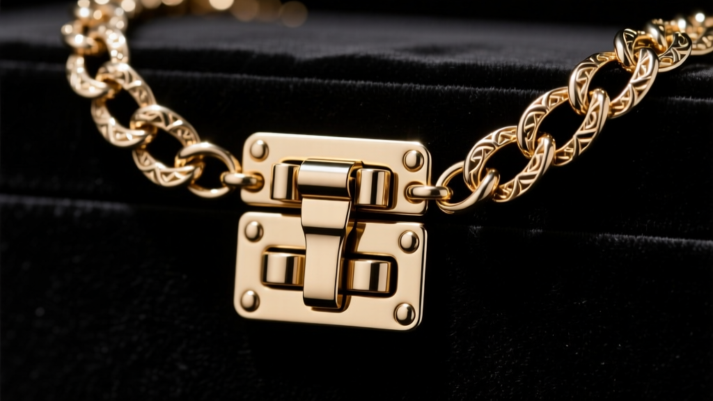 Heavy-duty box clasp with dual safety latches supporting a plunder necklace, shown in sharp macro focus on dark velvet background