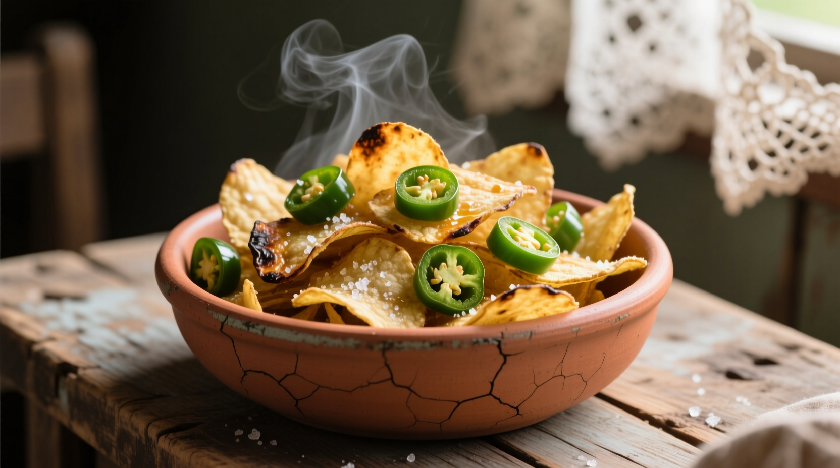 Kettle cooked jalapeno potato chips in rustic bowl