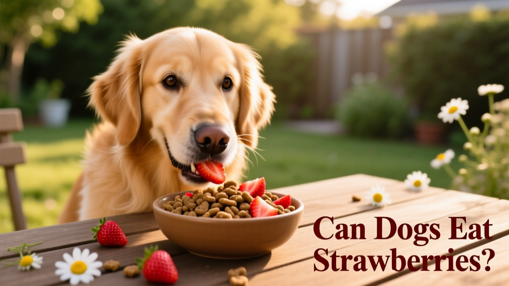 A dog happily eating small strawberry pieces mixed into a bowl of kibble