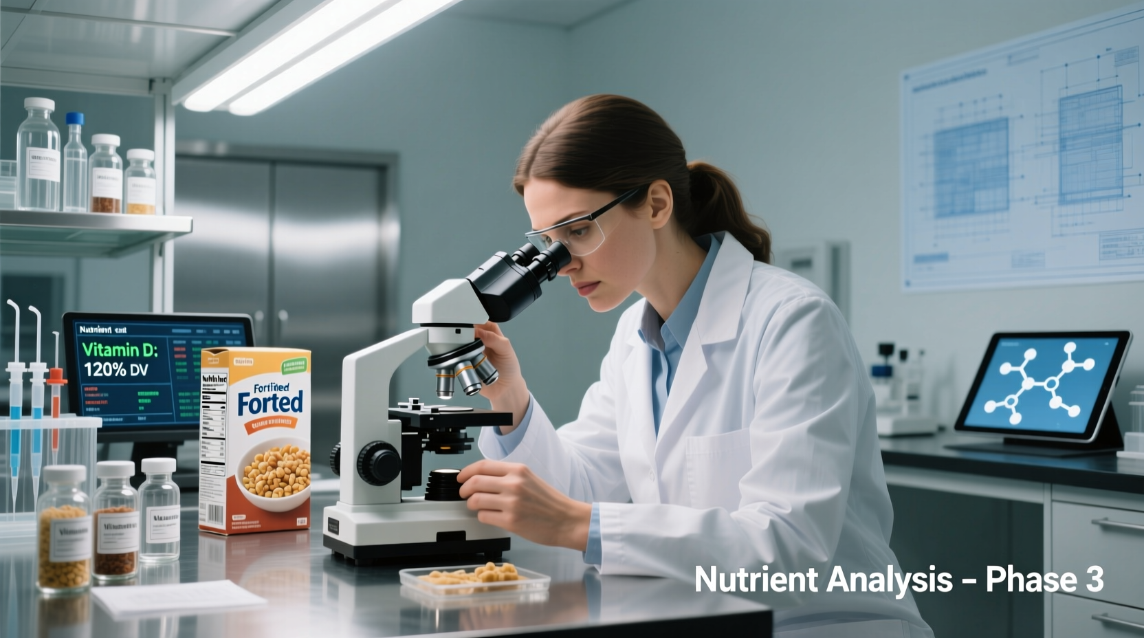 Scientist analyzing nutrient levels in fortified food samples