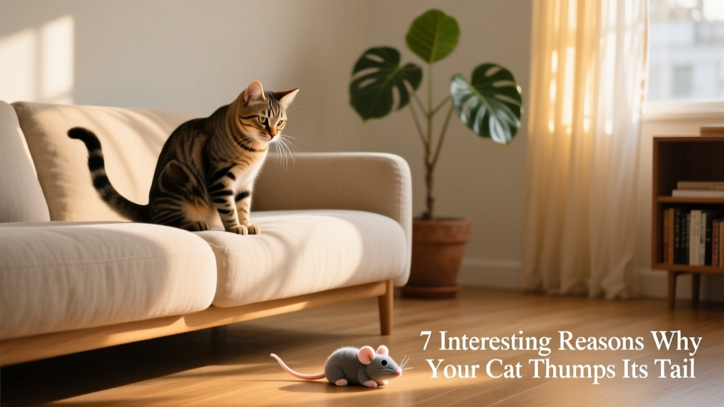 Cat sitting on a couch, tail thumping firmly against the cushion while looking intently at a toy on the floor