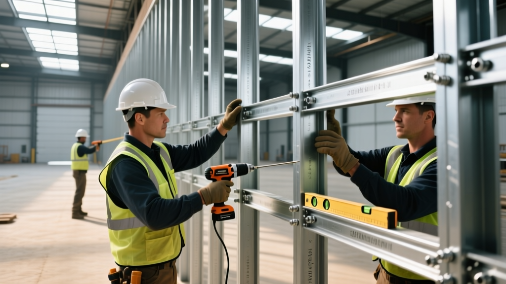 Crew installing 20-gauge galvanized cold-formed steel studs and tracks for interior partition walls inside a commercial warehouse