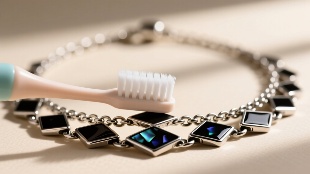 Macro photography of a soft-bristled baby toothbrush gently cleaning black cold enamel and silver crevices on a layered chain necklace.