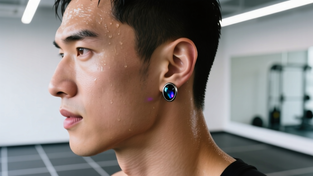 Athlete wiping sweat, showing a flush 16-gauge titanium flat-back earring with a black opal gemstone under soft gym lighting