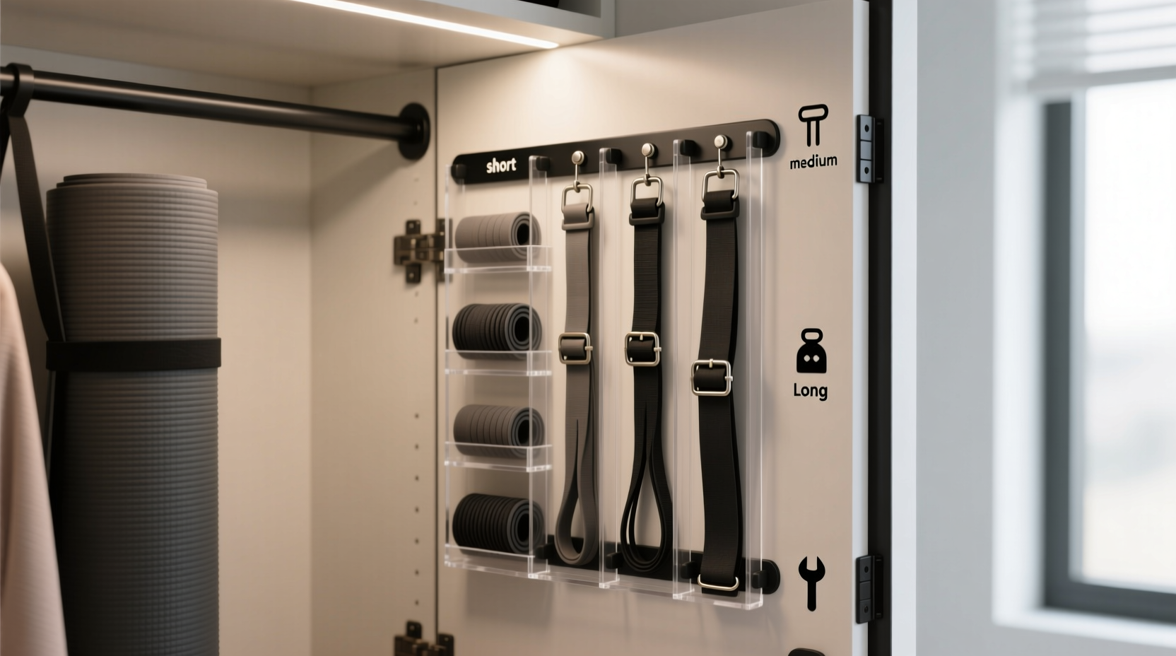 yoga mat strap organization for narrow closet doors