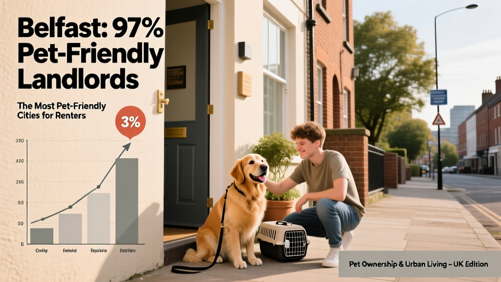 Bar chart comparing pet-friendliness across UK cities, highlighting Belfast as the top city with only 3% of landlords refusing pets
