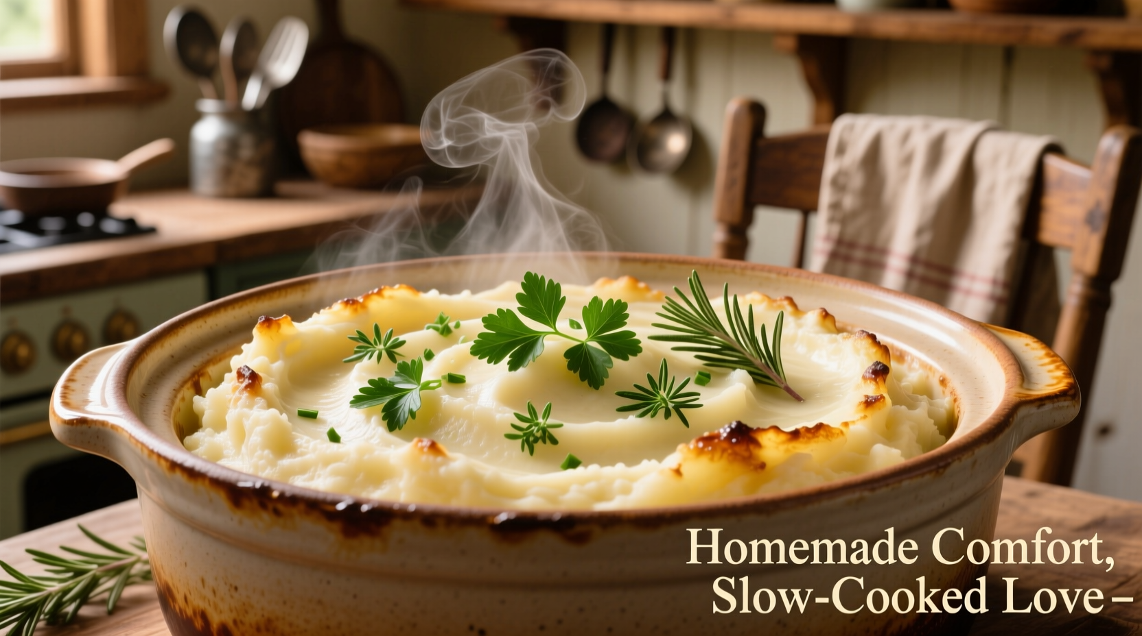 Creamy mashed potatoes in slow cooker with herbs